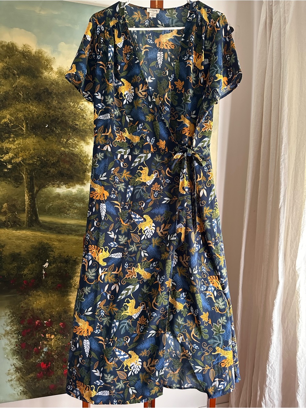 J. Crew Navy Midi Wrap Dress with Cheetahs Botanical Motif